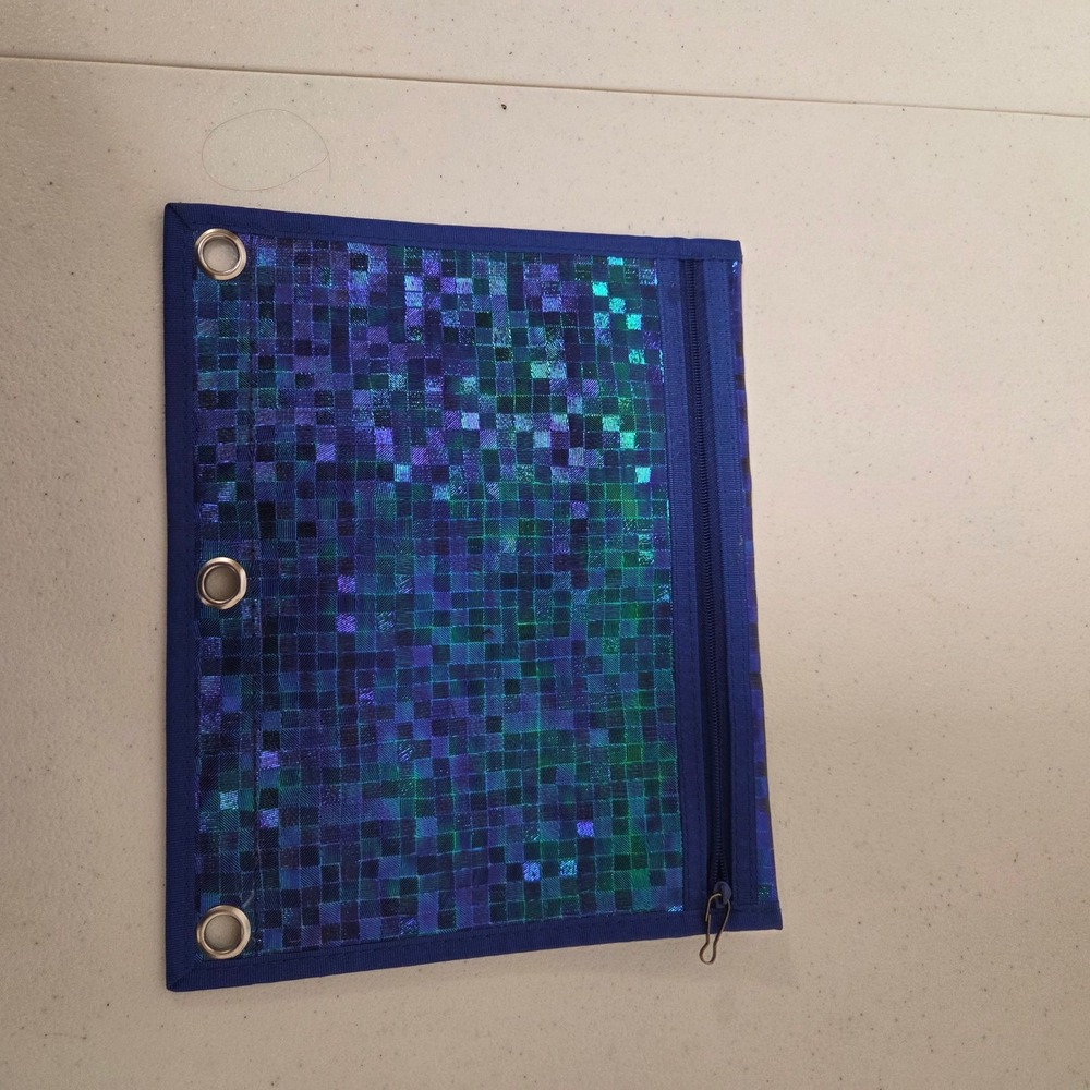 Blue Holographic Mosaic 3 Ring Binder Pencil Pouch Zipper Case Y2K Disco Sparkle
